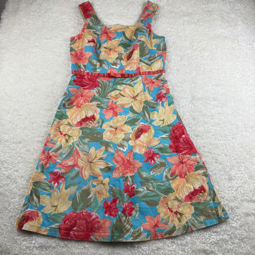 Sangria Floral Fit & Flare Dress Womens 10 Blue Tropical Cotton Blend Sleeveless
